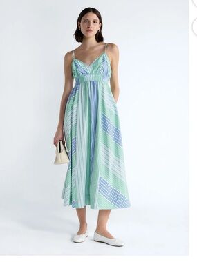 Striped Spaghetti-Strap Midi Dress in Mint Green and Blue